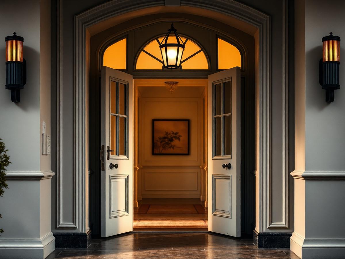 Elegant residential entryway with open doors revealing a clean, bright interior
