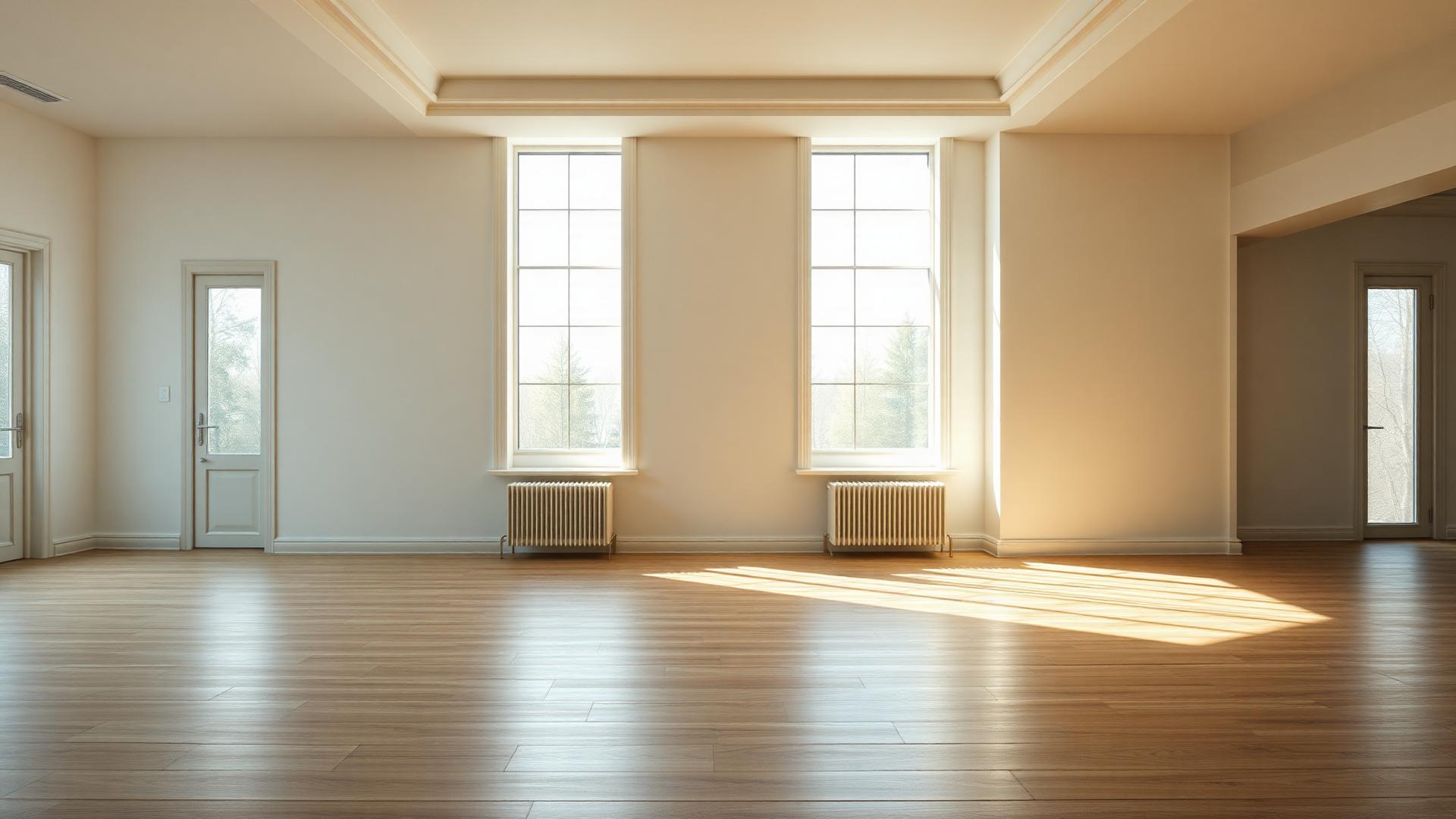 Bright, empty, market-ready residential interior with tall windows