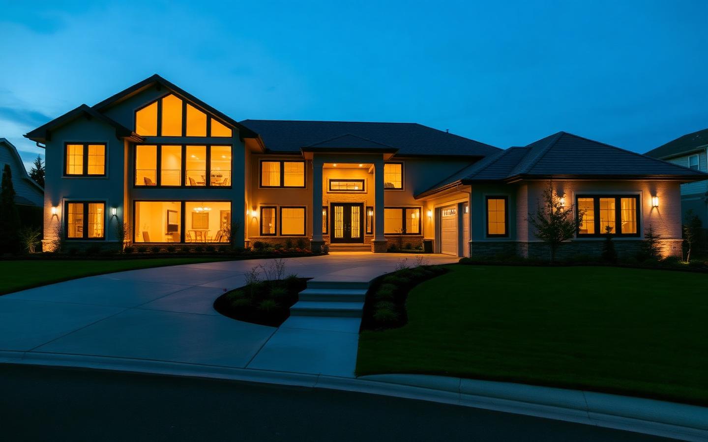 Upscale residential home exterior at dusk
